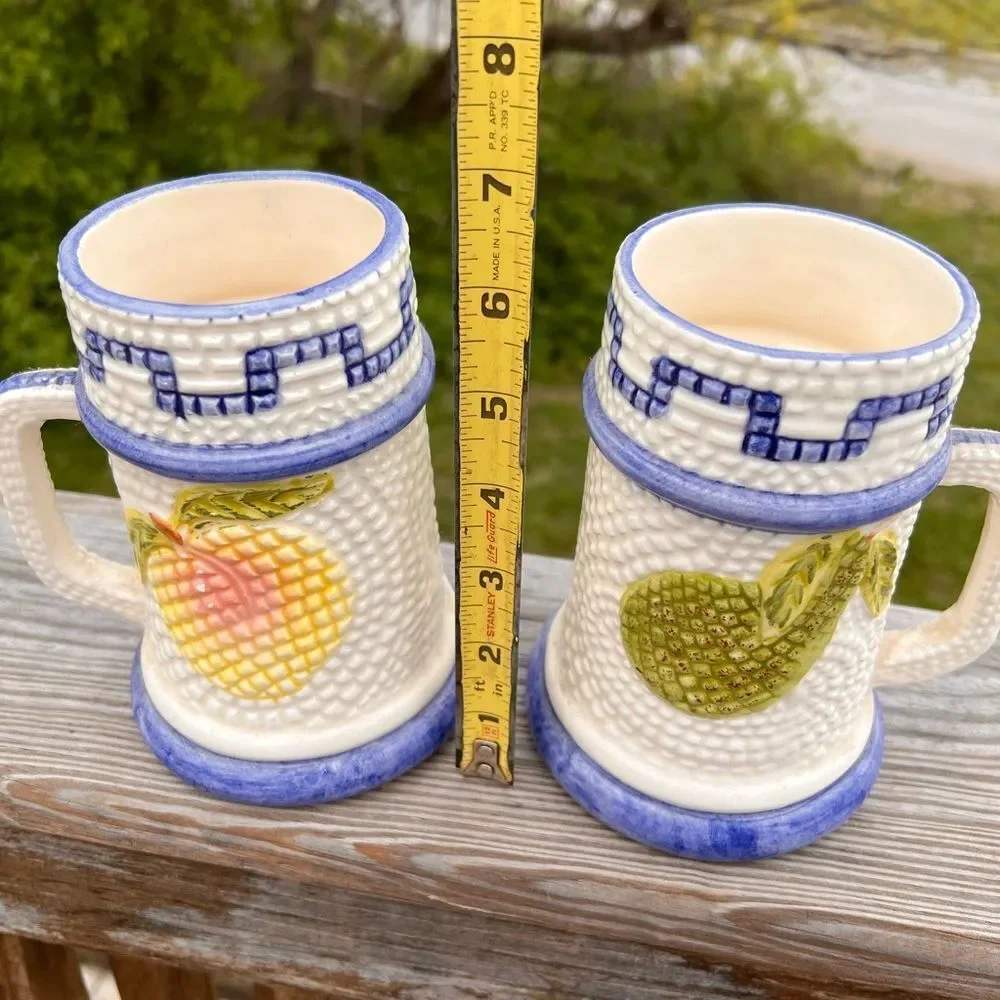 5 White Signed Ceramic Mugs With Fruit Design Made In Mexico With Fruit Design